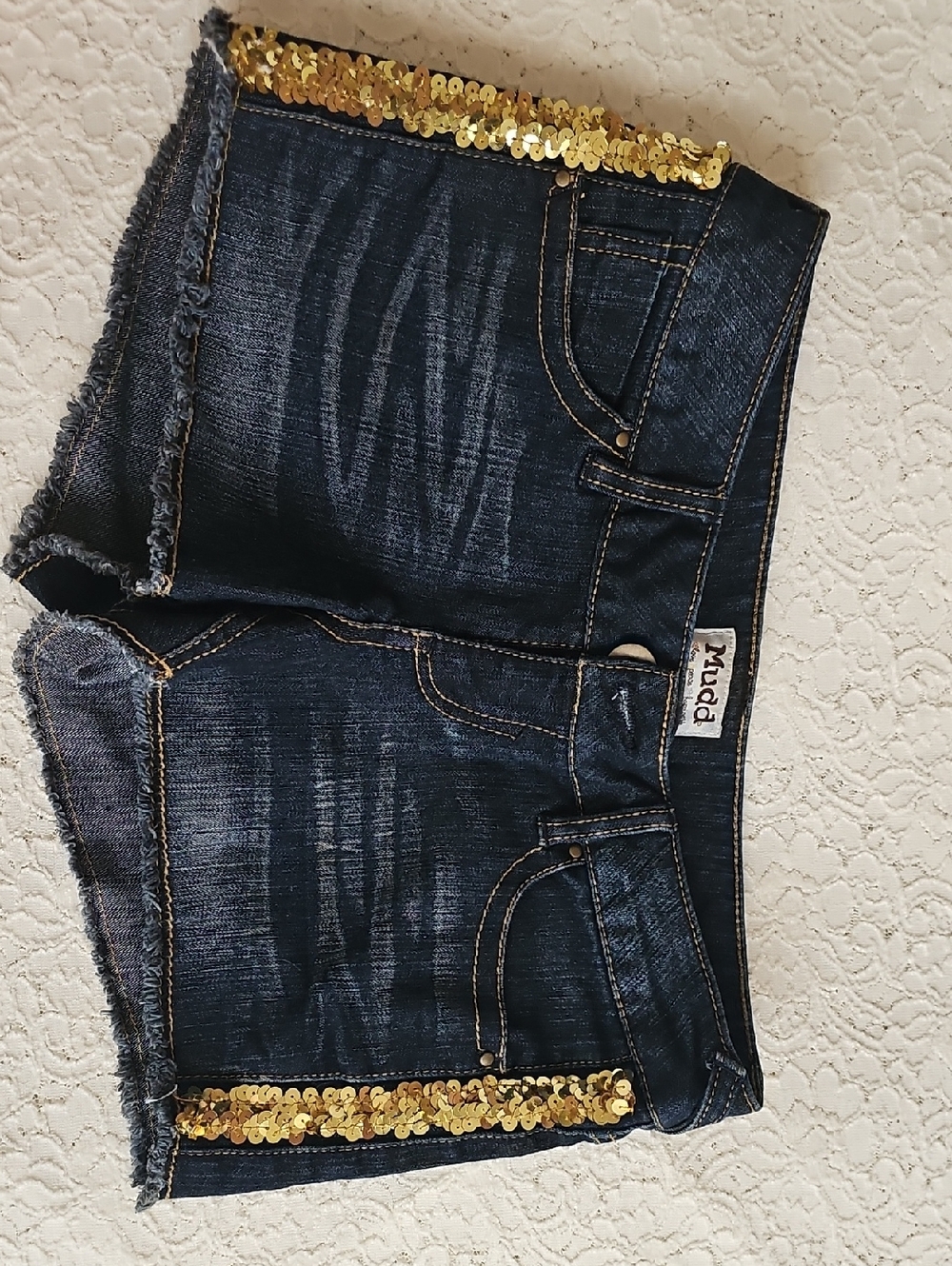 Mudd Navy Denim Shorts with Gold Sequin Trim